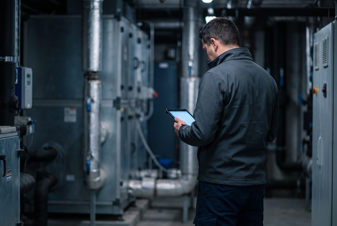 Facilities manager reviewing equipment records on a tablet in a mechanical room