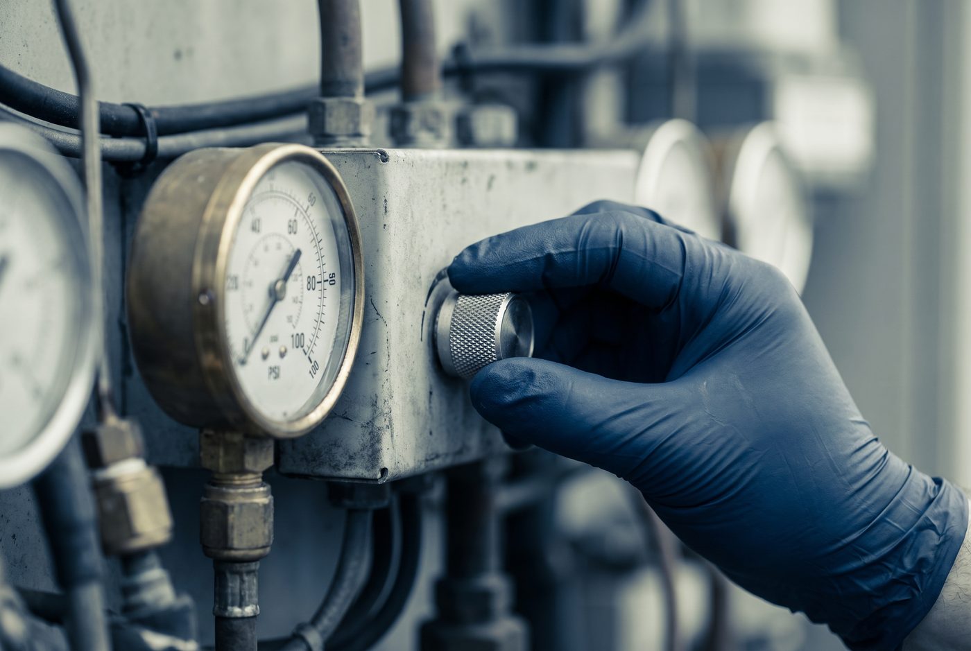 Technician taking a pressure reading on commercial HVAC equipment