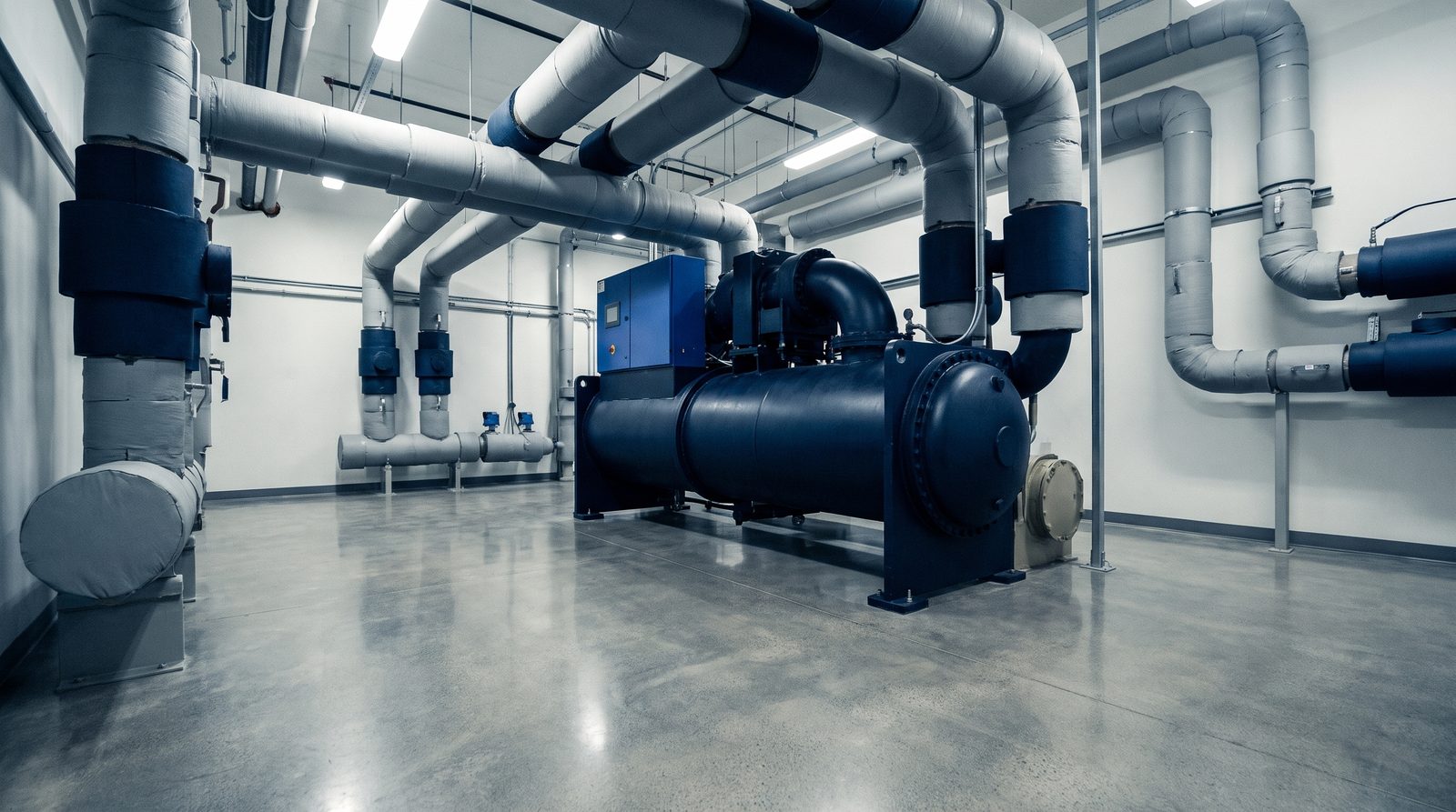 Mechanical plant room with chilled water pipework